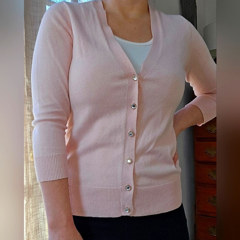 New York & Company Light Pink V-Neck Button Cardigan